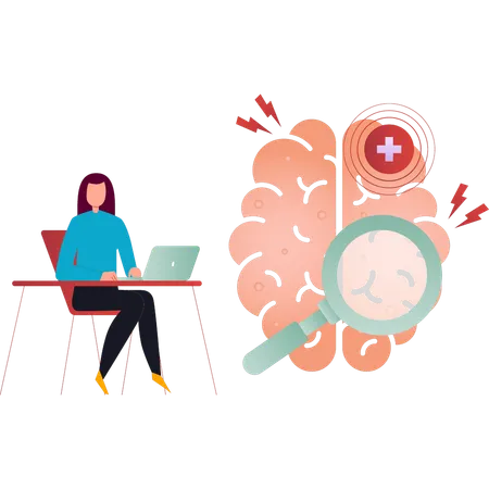 Girl is working on brain neurology on a laptop  Illustration