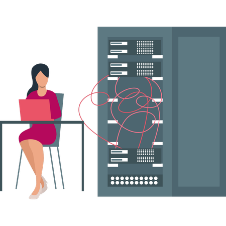 Girl is working on laptop on database servers  Illustration