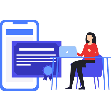 Girl is working on laptop on online diploma  イラスト