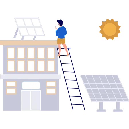 Girl is working on panel plate by climbing ladder  イラスト