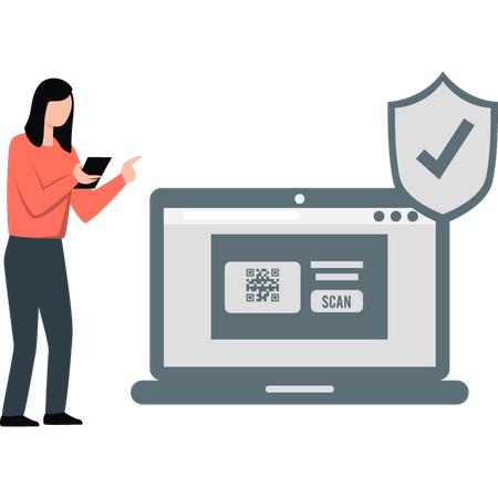 Girl is working on QR scanning on a laptop  Illustration