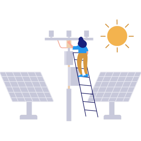 Girl is working on the electric tower by the ladder  Illustration