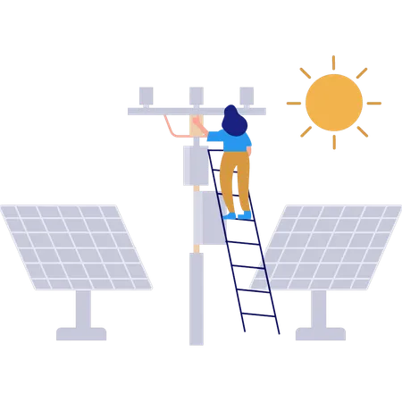 Girl is working on the electric tower by the ladder  Illustration