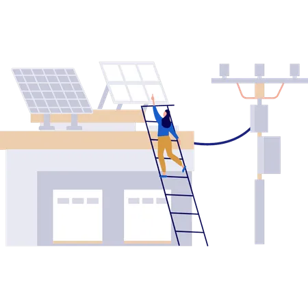 Girl is working on the solar panel  Illustration