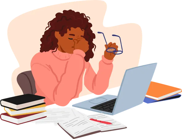 Tired Sad Student Girl Sits Hunched Over A Laptop Amidst Sea Of Books Feeling Overwhelmed By Assignments And Deadlines Longing For A Moment Of Respite From The Academic Demands Vector Illustration 일러스트레이션