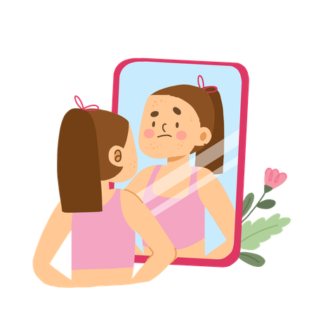 Girl is worried about face pimples  Illustration