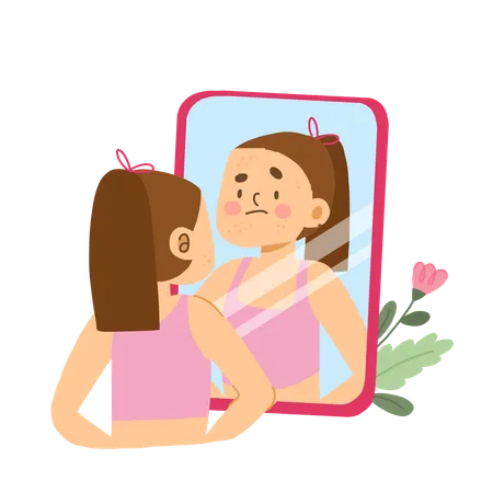 Girl is worried about face pimples  Illustration