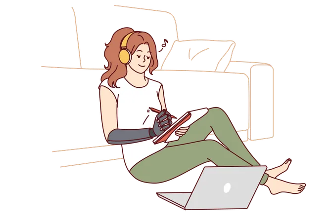 Woman With Bionic Prosthetic Arm Sits On Floor Near Sofa And Makes Notes In Notebook Girl With Prosthesis Listens To Music In Headphones And Smiles For Concept Of Love Of Life Or Vitality Illustration