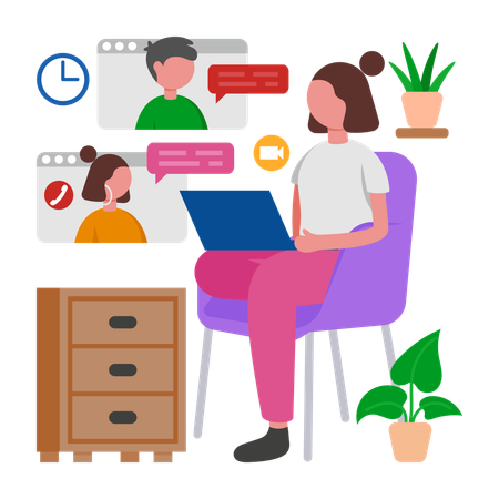 Girl Joining remote group conferences  Illustration