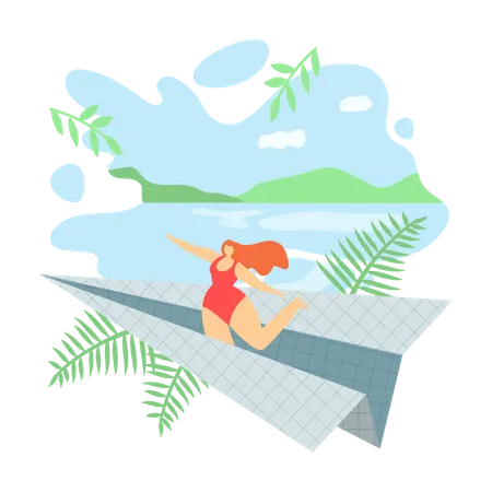 Vector Illustration Hello Summer Lettering Flat Girl In Swimsuit Flies On Paper Airplane Over River Or Sea Summer Is Holiday And Vacation Season Greeting Card Or Invitation Cartoon Illustration