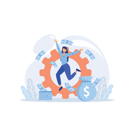 Girl Jumping And Managing Money  Illustration