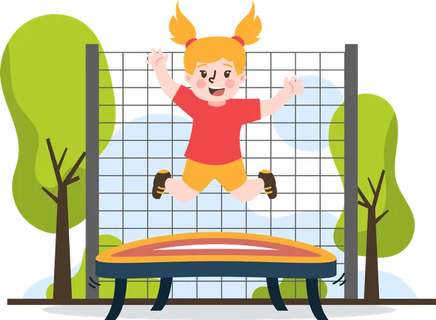 Explore The Joys Of Childhood With Our Charming Flat Illustration Of A Kids Girl Playing Jump On Trampoline Designed For A Kindergarten Theme This Artwork Brings To Life Fun And Exciting Activities For Young Learners Ideal For Educational Materials Websites Or Promotional Materials These Flat Illustrations Add A Fun Touch To Your Content Illustration