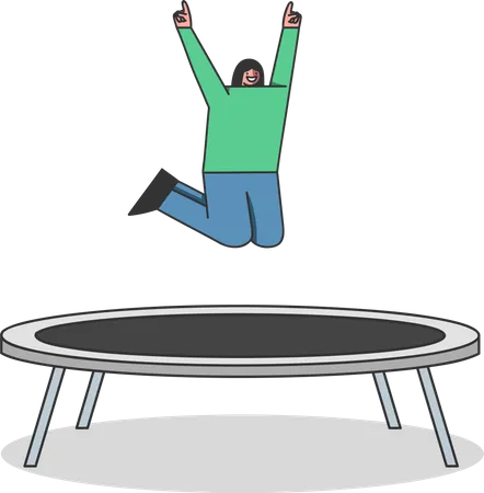 Girl Jumping On Trampoline Female Cartoon Character Having Fun On Garden Trampoline Over White Background Child Or Young Woman Enjoying High Jump Activity Flat Vector Illustration Illustration