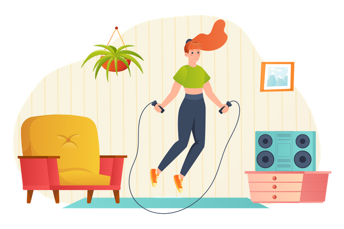 Girl jumping rope at home  Illustration