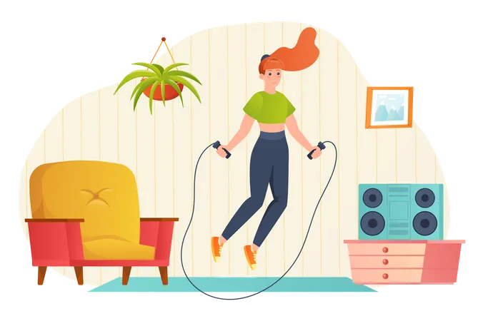 Girl jumping rope at home  Illustration