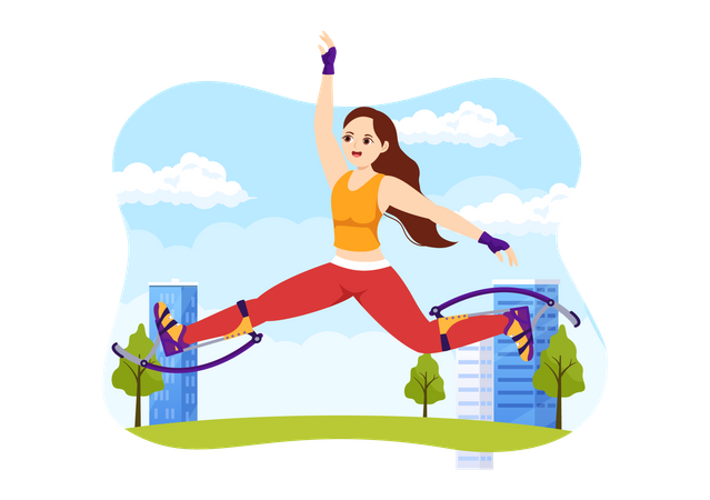 Girl jumping using jumping stilts  Illustration