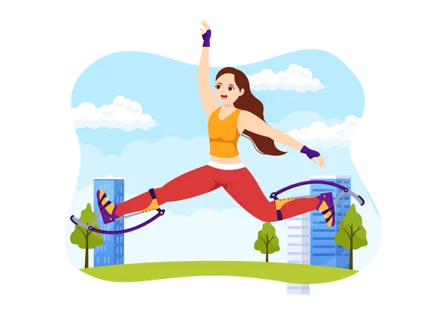 Girl jumping using jumping stilts  Illustration