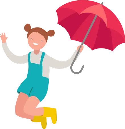 Girl jumping while holding umbrella  Illustration