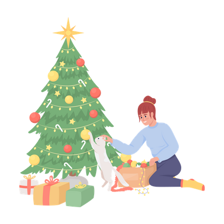 Girl keeping cat away from messing with Christmas tree Illustration