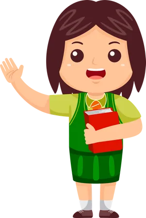 Girl Kid holding book and waving hand  Illustration
