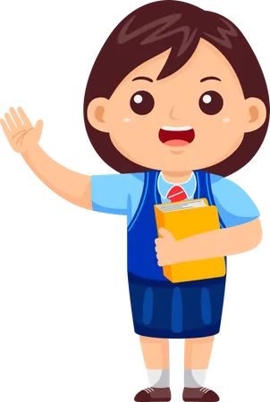 Girl Kid waving hand and holding book  Illustration