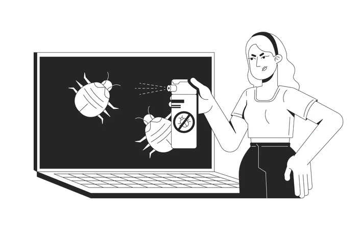 Girl killing laptop virus  Illustration