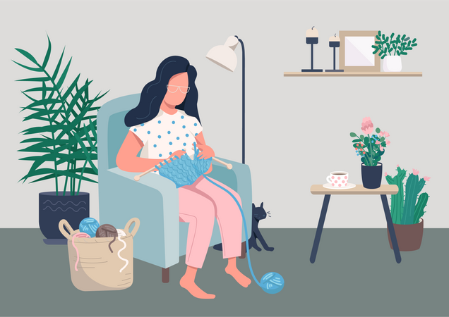 Girl knitting  일러스트레이션