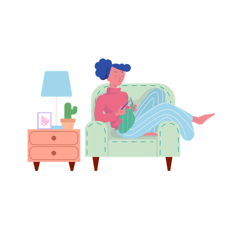 Girl Knitting on armchair  일러스트레이션
