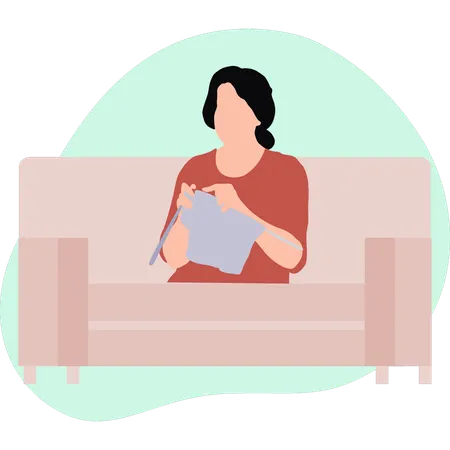 A Girl Is Knitting On A Sofa Illustration
