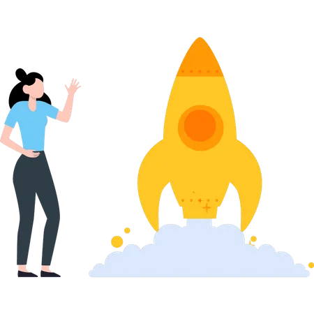 The Girl Is Standing Near The Startup Rocket Illustration