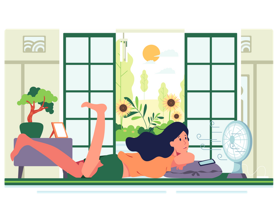 Girl lay down front of the fan Illustration