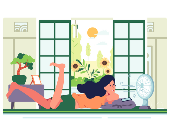 Girl lay down front of the fan  Illustration