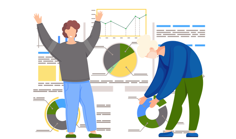 Girl leans over and points to pie chart  Illustration