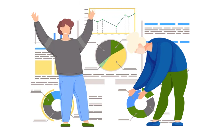 Girl leans over and points to pie chart  Illustration