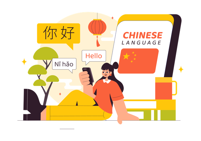 Girl Learn Chinese Language on Mobile  Illustration