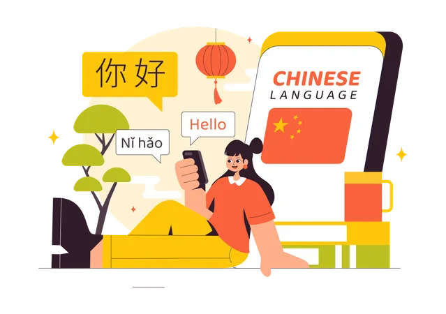 Girl Learn Chinese Language on Mobile  Illustration