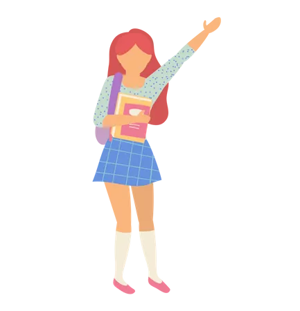 Girl Pupil Standing With Book Schoolgirl With Rising Hand Child In Casual Clothes With Backpack Kid Back To School Learner Character Primary Vector Back To School Concept Flat Cartoon Illustration