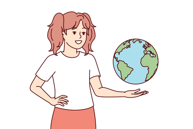 Girl learning about planet earth  イラスト
