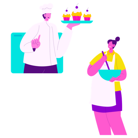 Girl learning Cooking from online course  Illustration
