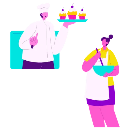 Girl learning Cooking from online course  일러스트레이션