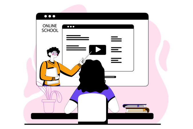 Girl learning from online school  Illustration