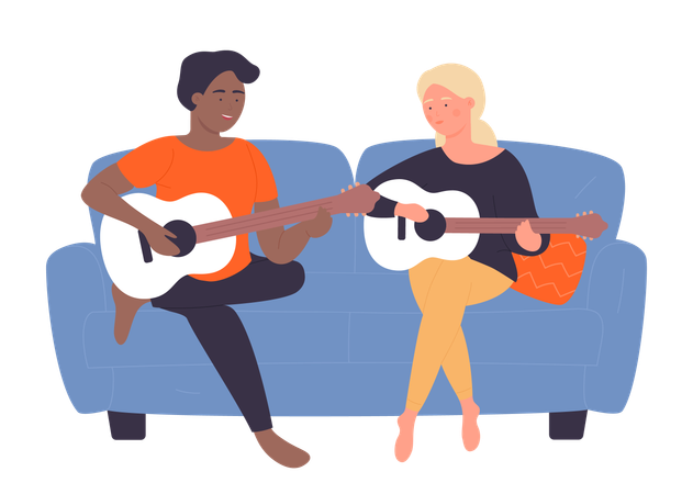 Girl learning guitar  イラスト