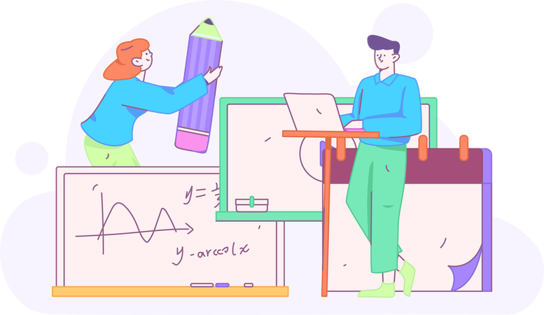 Girl learning maths while man working on laptop  Illustration