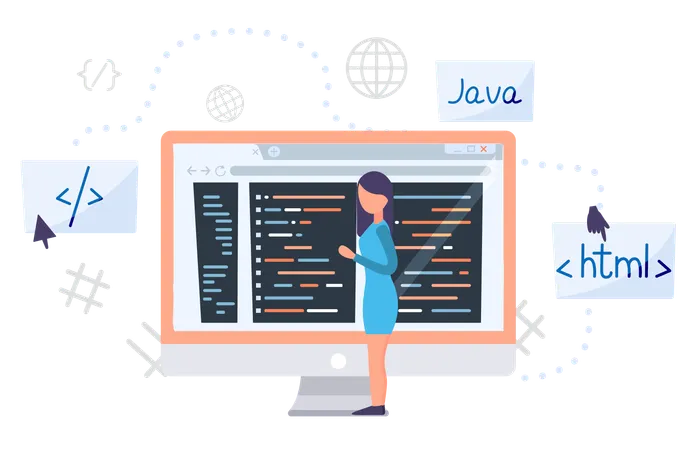 Girl learning online programming course  Illustration
