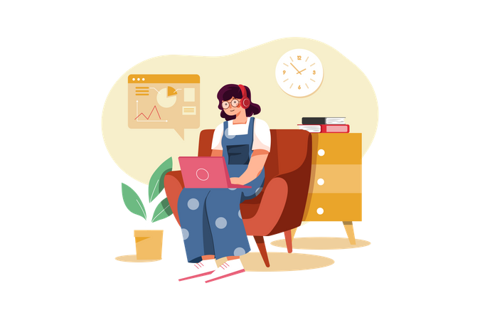 Girl learning online through laptop  Illustration