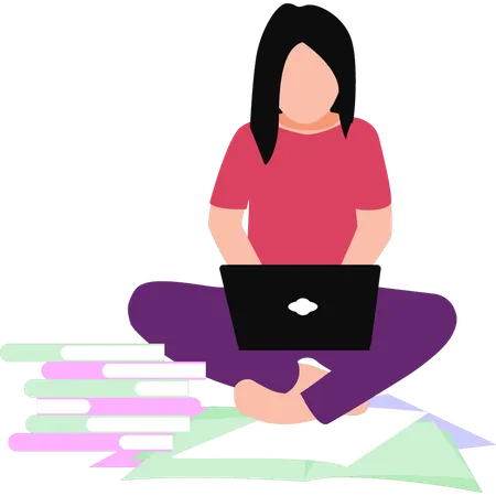 Girl learning online using laptop  Illustration