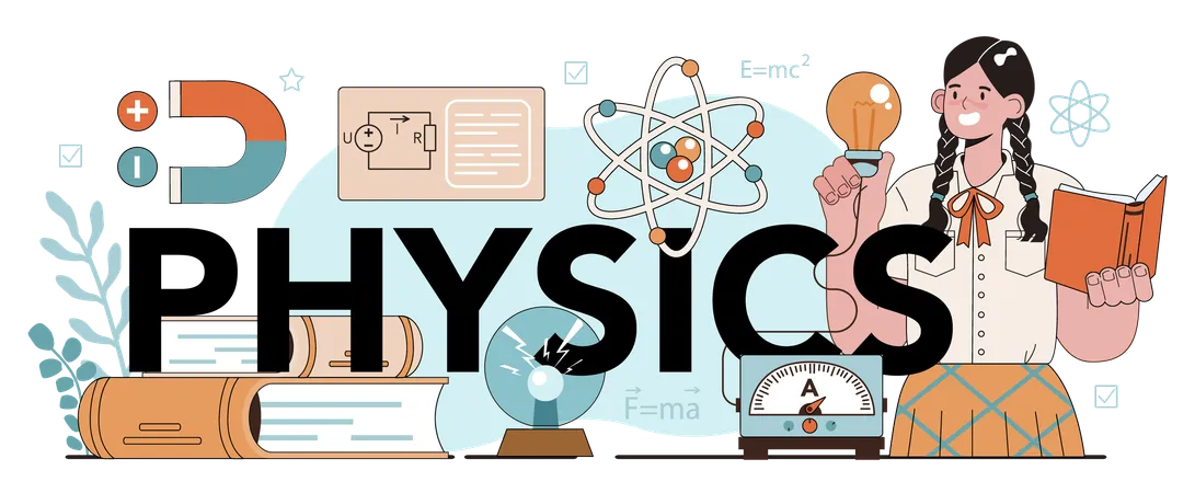 Physics Typographic Header Students Explore Electricity Magnetism Light Wave And Forces Theoretical And Practical Study Physics School Course And Lesson Flat Vector Illustration 일러스트레이션