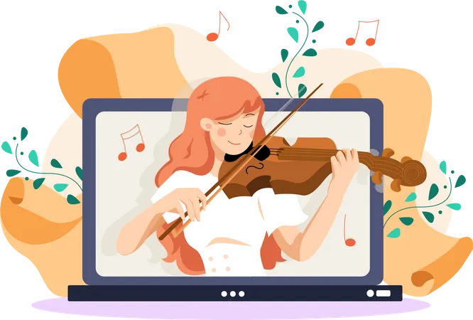 Girl Learning violin on online classes Illustration