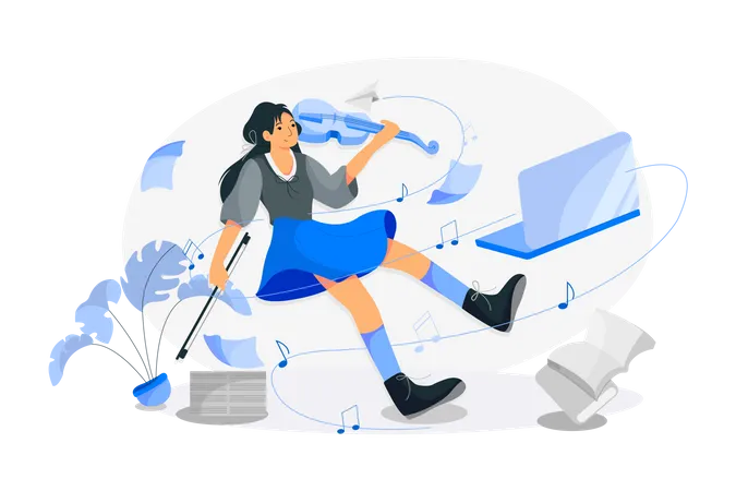 Girl Learning violin on online classes  Illustration