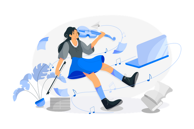 Girl Learning violin on online classes  イラスト